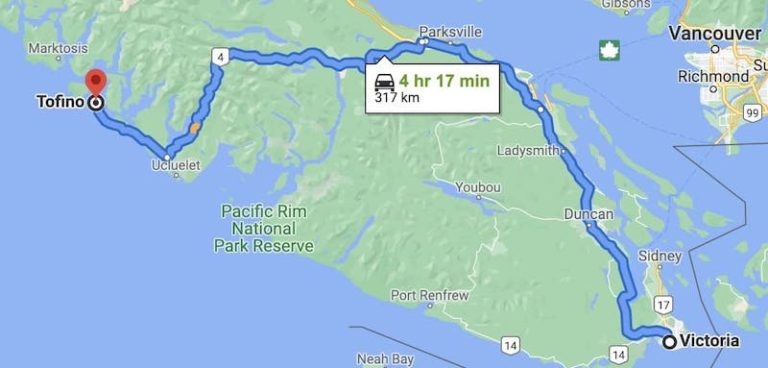 Driving from Victoria to Tofino Map